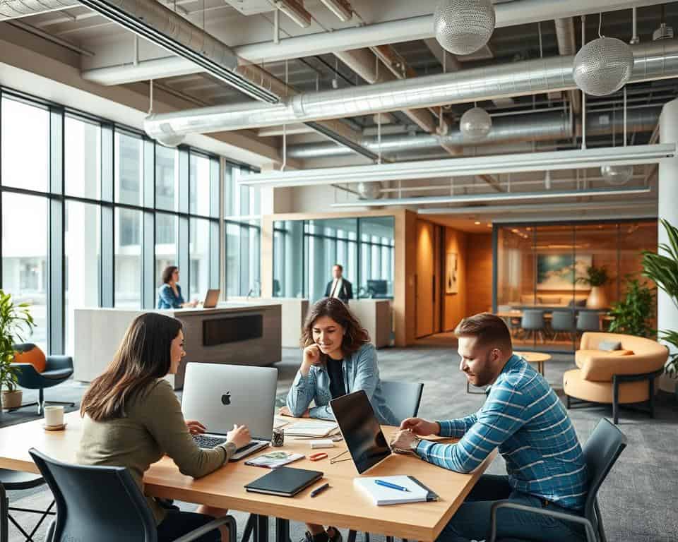 A modern open-plan office with a warm and professional atmosphere. In the foreground, a team of temporary workers collaborating at a shared desk, their laptops and documents spread out. The middle ground features a reception area with a friendly employee greeting visitors. In the background, glass-walled meeting rooms and a breakout lounge with plush seating. Bright, natural lighting filters in through large windows, casting a soft glow over the space. The overall mood is one of efficient productivity and flexibility, capturing the dynamic nature of temporary employment agency services.
