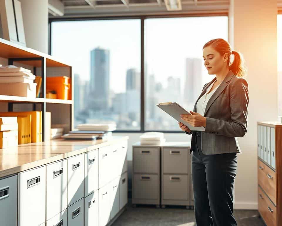 A brightly lit, well-organized office space. In the foreground, a professional-looking woman in a smart blazer and slacks conducts a detailed safety inspection, clipboard in hand. Shelves and filing cabinets line the middle ground, while in the background, a large window offers a view of a bustling city skyline. The atmosphere is one of diligence and attention to detail, capturing the essential work of an occupational safety specialist ensuring a safe and compliant workplace.