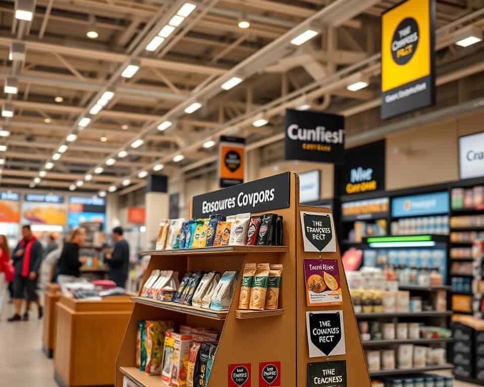 A modern, well-lit retail environment with a focus on a custom corrugated cardboard display showcasing various consumer products. The display prominently features the brand's logo, color scheme, and unique design elements, drawing the eye of the shopper. In the background, an assortment of other product displays and signage create a sense of a busy, vibrant retail space. Overhead lighting casts a warm, inviting glow, highlighting the textural qualities of the cardboard. The camera angle is slightly elevated, giving a sweeping, dynamic view of the scene. The overall atmosphere conveys a sense of careful curation and strategic brand placement within the crowded store setting. A modern, well-lit retail environment with a focus on a custom corrugated cardboard display showcasing various consumer products. The display prominently features the brand's logo, color scheme, and unique design elements, drawing the eye of the shopper. In the background, an assortment of other product displays and signage create a sense of a busy, vibrant retail space. Overhead lighting casts a warm, inviting glow, highlighting the textural qualities of the cardboard. The camera angle is slightly elevated, giving a sweeping, dynamic view of the scene. The overall atmosphere conveys a sense of careful curation and strategic brand placement within the crowded store setting.