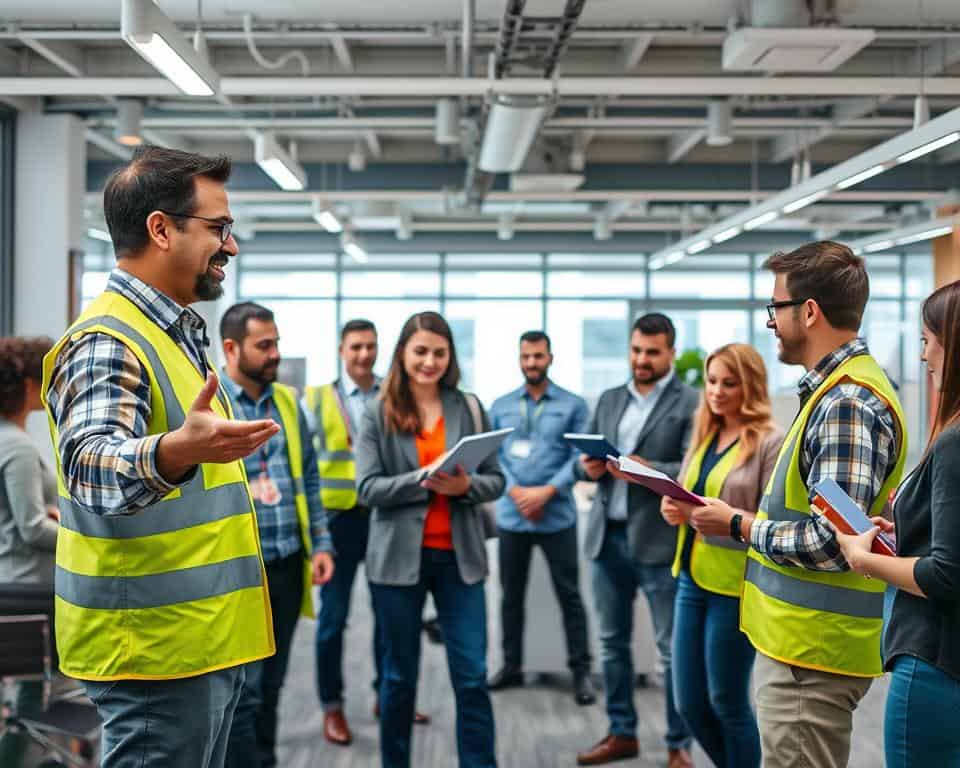 A vibrant and dynamic office space, with a team of employees engaged in an occupational safety training session. In the foreground, a friendly instructor gestures while demonstrating proper safety protocols using visual aids. The middle ground features attentive employees, some taking notes, others actively participating in hands-on exercises. The background showcases a modern, well-lit workspace with sleek furniture and technology, conveying a sense of professionalism and forward-thinking. The overall scene exudes a collaborative and educational atmosphere, where the team's safety and well-being are prioritized.
