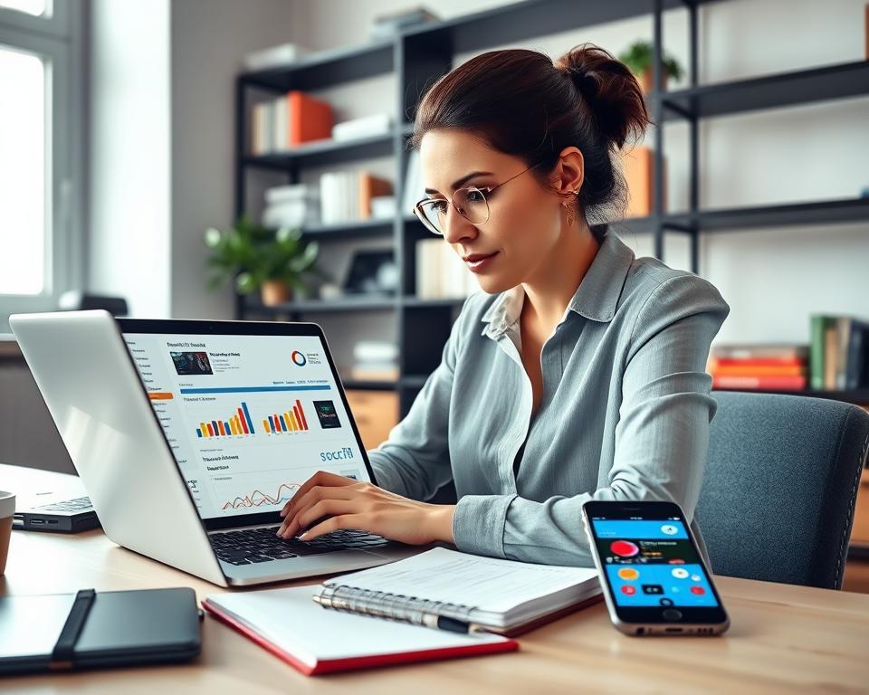 A professional businesswoman analyzing data on a laptop, seated at a modern workspace filled with charts and graphs related to Amazon product trends. In the foreground, the laptop screen displays trending products, colorful bar graphs, and bestseller lists, illuminated by soft, natural window light. In the middle ground, a notepad with written notes and a smartphone showing product research apps adds to the analysis theme. The background features a stylish office with shelves holding books about e-commerce and marketing, creating an atmosphere of focus and determination. The overall lighting is bright yet soft, conveying a sense of clarity and professionalism in product research. The mood is inspiring and motivating, emphasizing success through informed decision-making. A professional businesswoman analyzing data on a laptop, seated at a modern workspace filled with charts and graphs related to Amazon product trends. In the foreground, the laptop screen displays trending products, colorful bar graphs, and bestseller lists, illuminated by soft, natural window light. In the middle ground, a notepad with written notes and a smartphone showing product research apps adds to the analysis theme. The background features a stylish office with shelves holding books about e-commerce and marketing, creating an atmosphere of focus and determination. The overall lighting is bright yet soft, conveying a sense of clarity and professionalism in product research. The mood is inspiring and motivating, emphasizing success through informed decision-making.