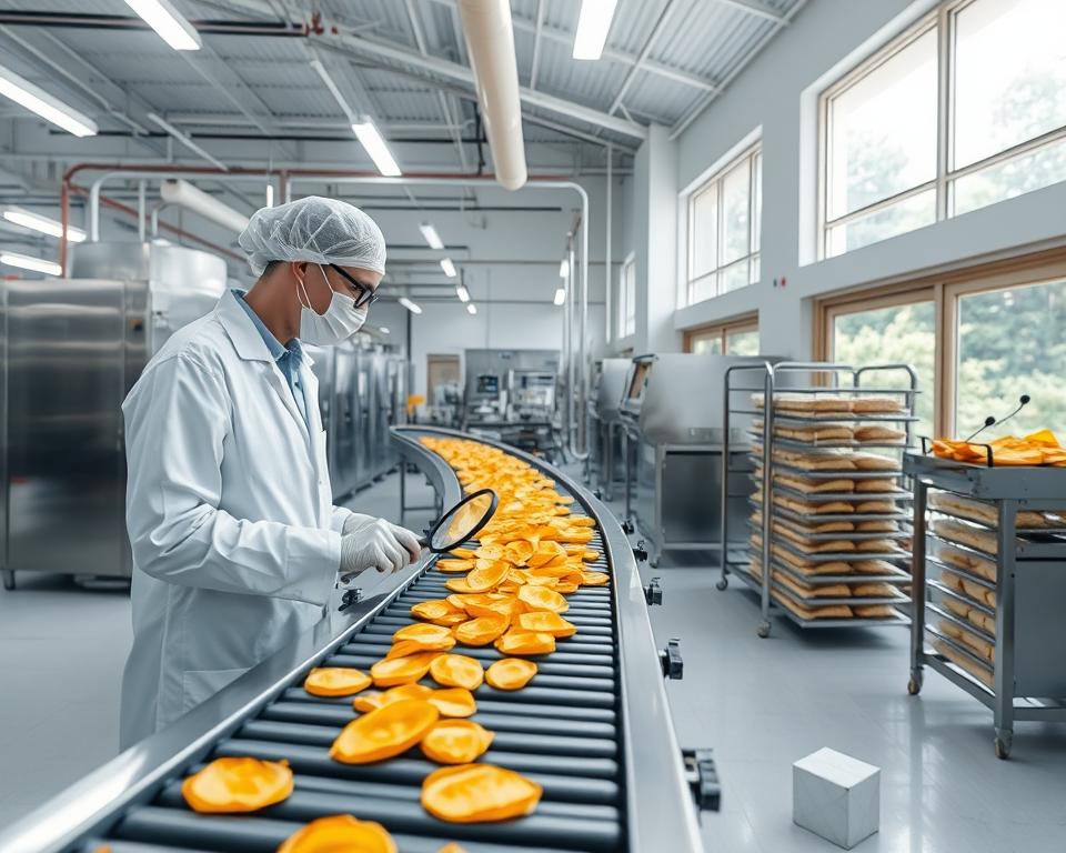 A clean and organized dried mango production facility, showcasing food safety and quality control processes. In the foreground, a professional wearing a white lab coat and hairnet inspects dried mango slices on a conveyor belt, using a magnifying glass to check for quality. The middle ground includes stainless steel equipment, such as dehydrators and packaging machines, with bright LED lights illuminating the area, creating a sterile and safe atmosphere. In the background, large windows allow natural light to filter in, highlighting the freshness of the facility. The overall mood is one of diligence and professionalism, emphasizing a commitment to food safety and industry standards.