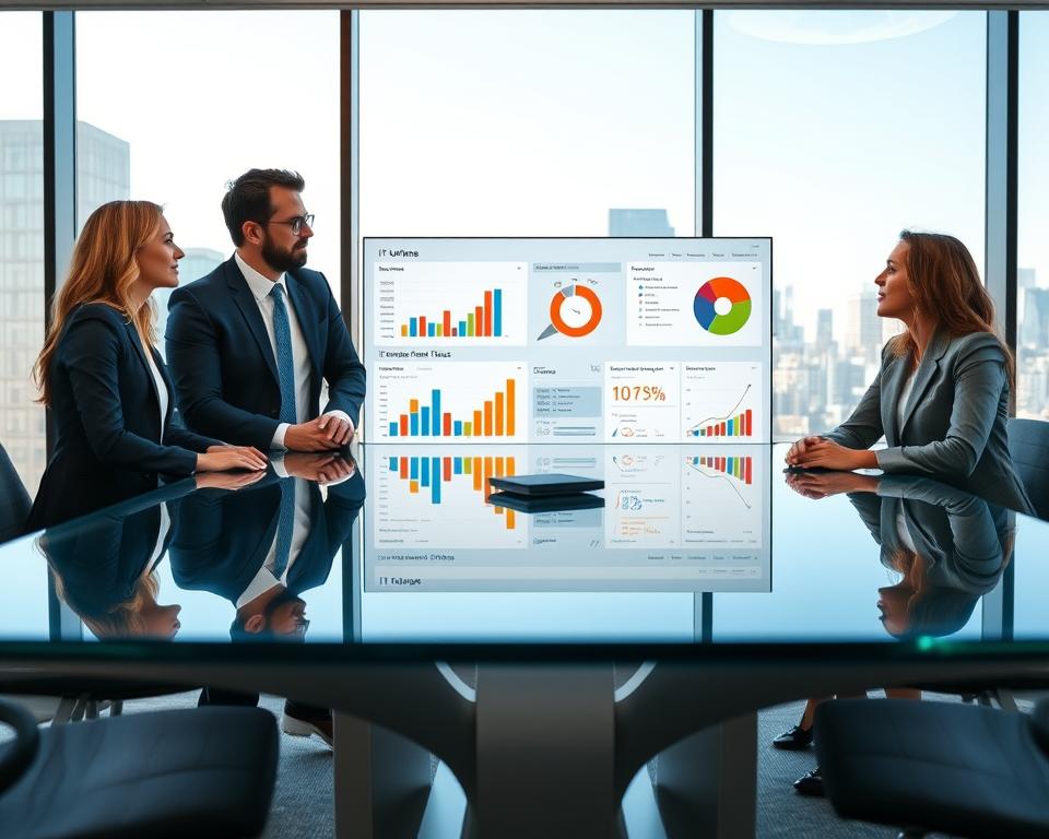 A modern office environment featuring a large glass conference table in the foreground, where a diverse group of four professionals dressed in smart business attire discuss IT performance metrics. In the middle, a sleek digital dashboard displays various IT KPIs such as uptime, response time, and customer satisfaction rates in vibrant graphical formats like bar charts and pie charts. The background shows large windows with a city skyline view, allowing natural light to flood the room, creating an inspiring and productive atmosphere. The image conveys a sense of collaboration and strategic planning, with attentive expressions on the professionals' faces, emphasizing the importance of translating IT metrics into tangible business outcomes.