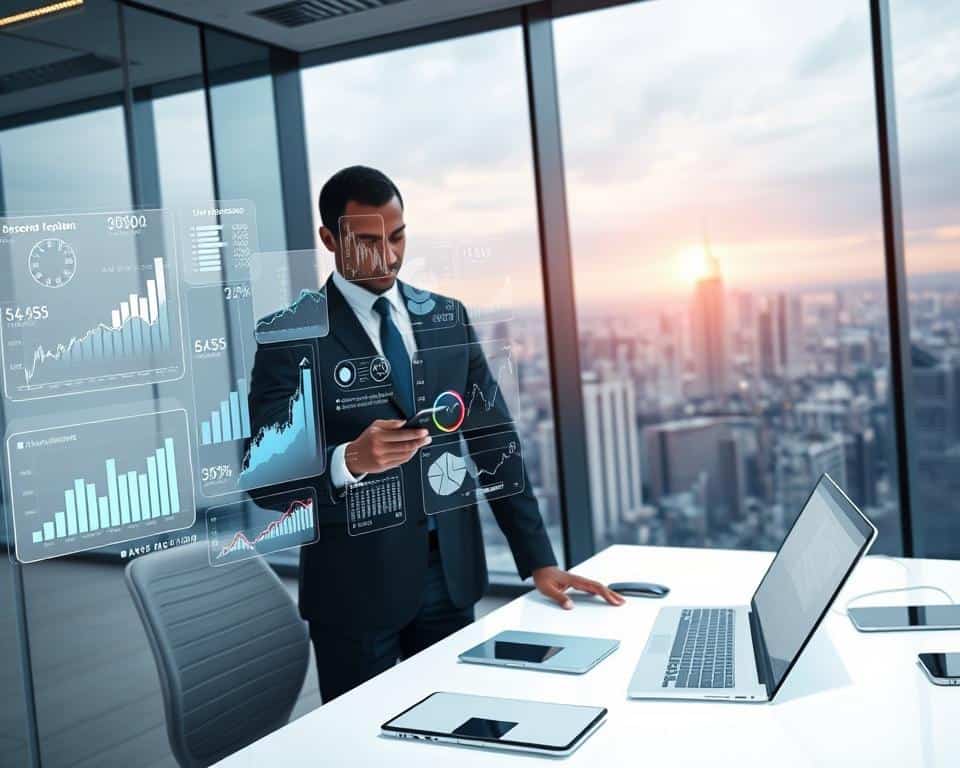 A sleek, modern digital workspace featuring an advanced AI investment platform. In the foreground, a professional in a sharp business suit analyzes a holographic display of diverse investment portfolios, with graphs and statistics visually emanating from the screen. In the middle ground, a bright desk filled with high-tech gadgets and data analytics tools enhances the futuristic atmosphere. The background showcases a panoramic view of a bustling city skyline through large glass windows, symbolizing wealth and opportunity. Soft, ambient lighting casts a serene glow across the scene, while a clear focus on the subject conveys a mood of confidence and innovation, emphasizing the integration of AI into financial strategies.